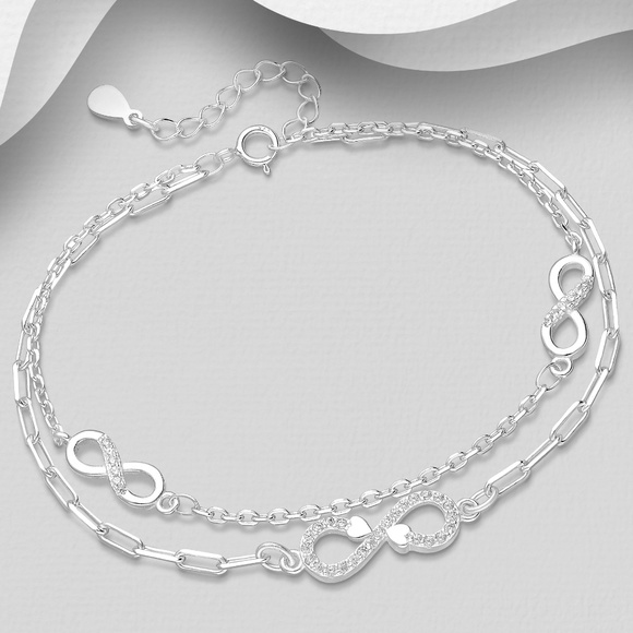 New 925 Sterling Silver Layered Infinity Bracelet  with CZ Diamonds to 8" wrist - Picture 1 of 1